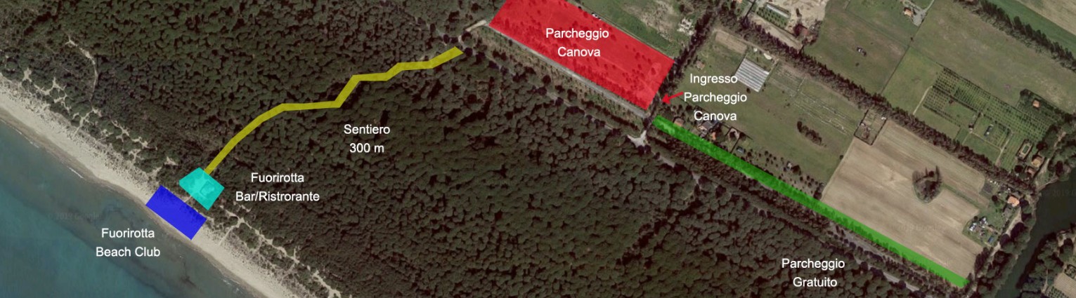 Mappa stradale per raggiungere il Fuorirotta Beach Club: SP 158 km 31,200 Località La Canova, Marina di Grosseto